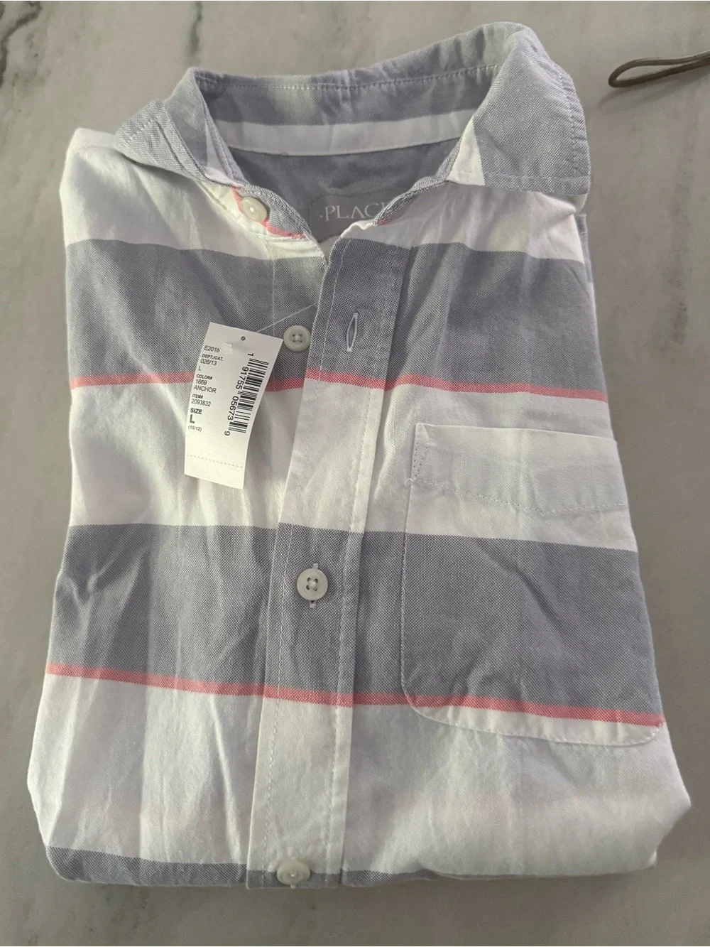 Kid’s Short Sleeve Stripe Button-Up Shirt - White & Light Gray with Pink Accents